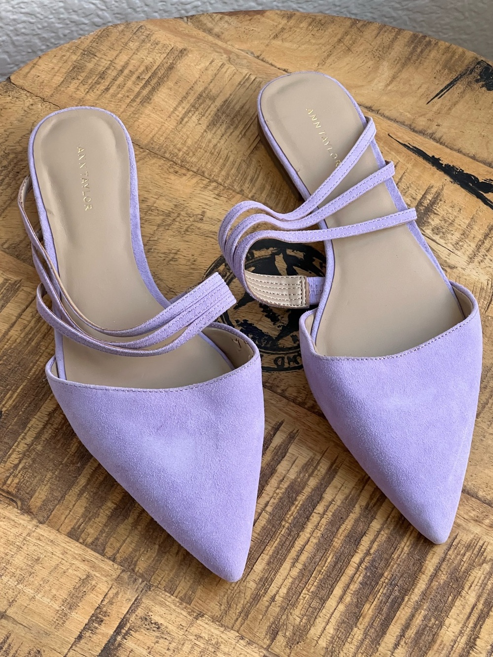 Ann Taylor Suede Leather Pointed Toe Strappy Mule Slip On Flats 6.5 M Slides